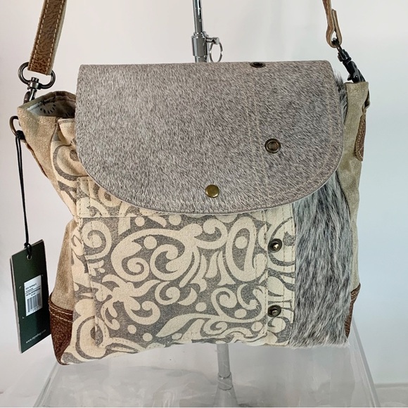 Myra Bag Factual Upcycled Canvas & Cowhide Messenger Bag S-1487 - Picture 1 of 5